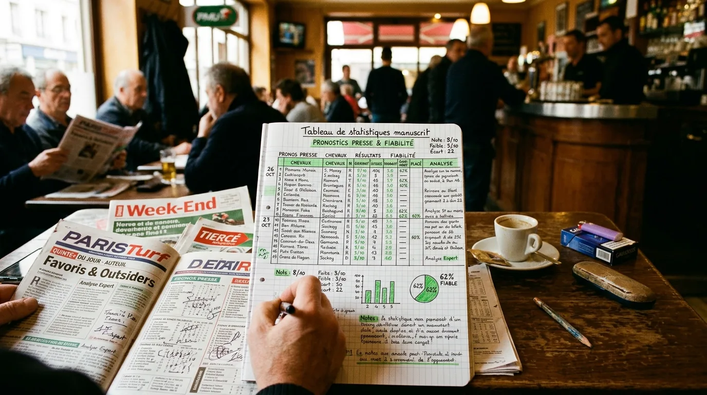 Tableau de statistiques manuscrit avec journaux hippiques ouverts sur une table de café PMU