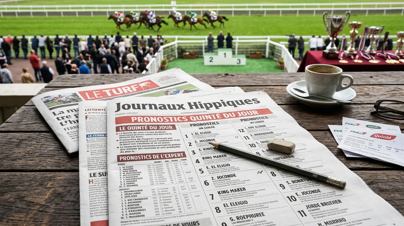 Journaux hippiques étalés sur une table de café avec un crayon posé sur la page des pronostics du quinté du jour