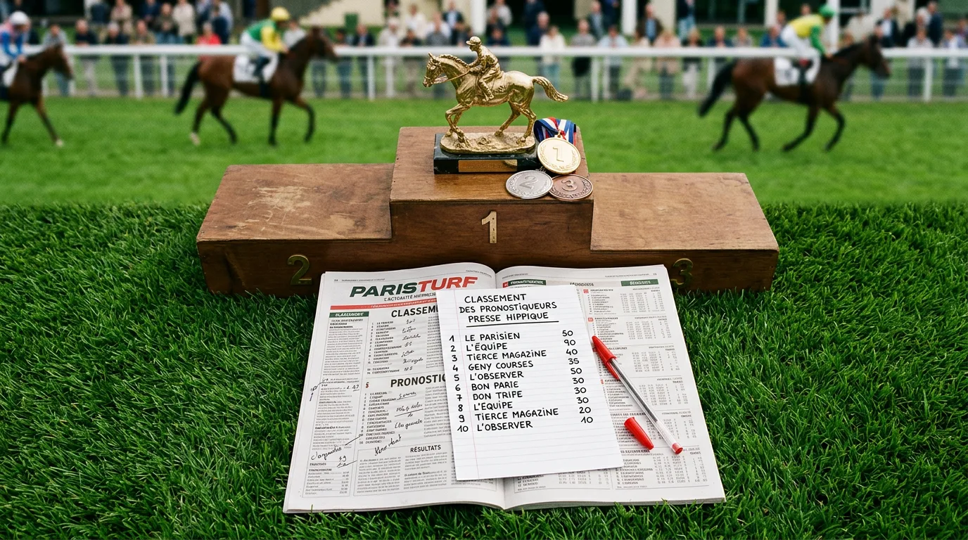 Tableau de classement manuscrit des pronostiqueurs de la presse hippique posé sur un journal de courses ouvert avec un stylo rouge