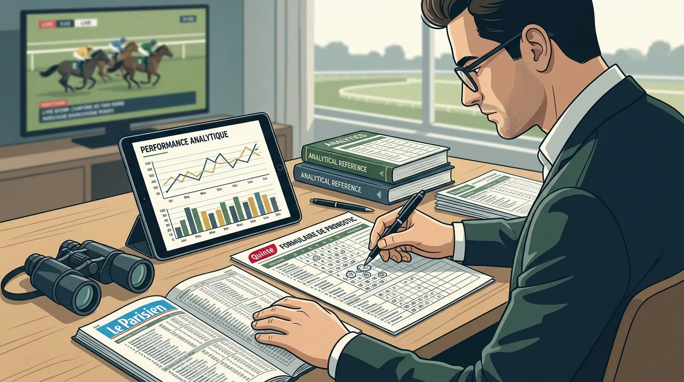 Turfiste analysant les statistiques de courses sur un formulaire de pronostic quinté avec un stylo et un journal hippique