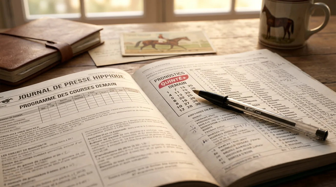 Journal de presse hippique ouvert sur une table avec un programme des courses de demain et un stylo posé sur les pronostics du Quinté+