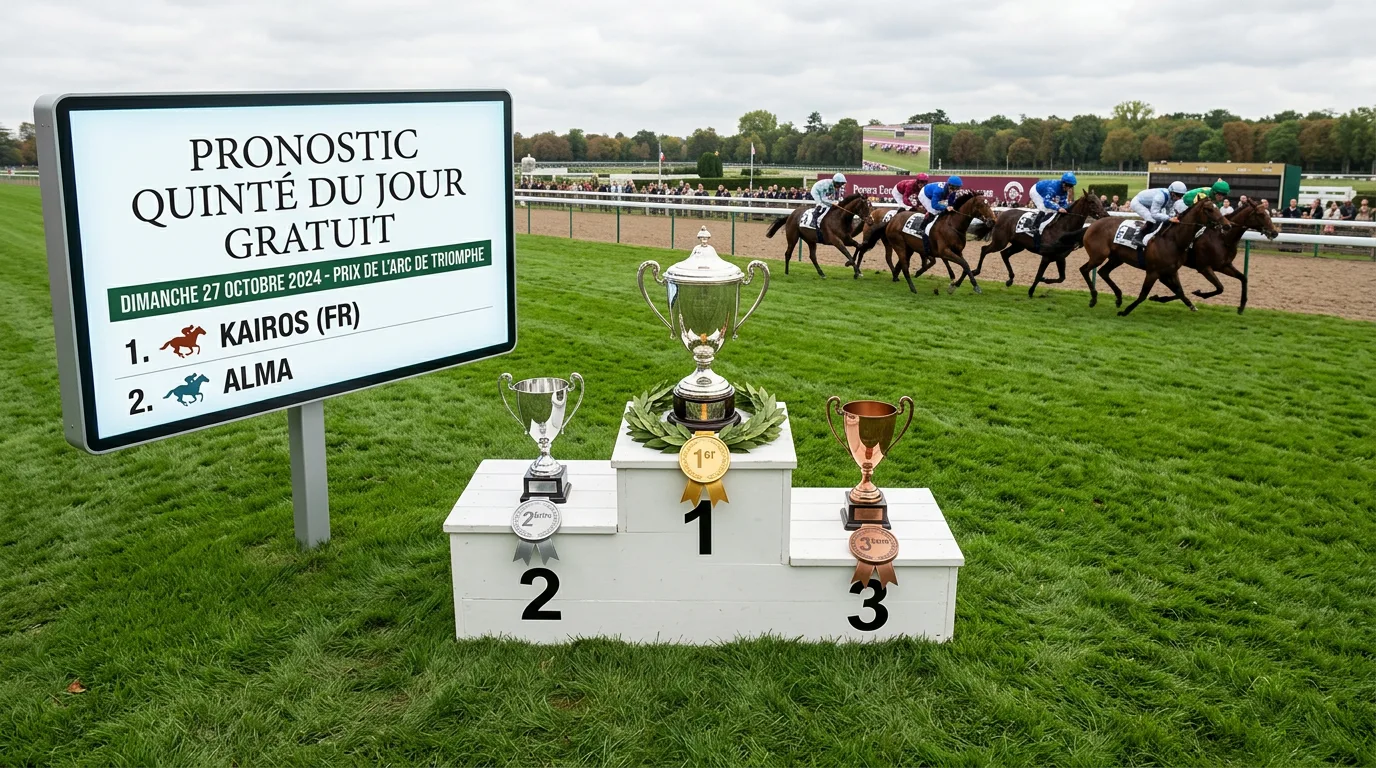 Tableau de pronostics quinté du jour affiché sur un écran avec chevaux au galop en arrière-plan sur un hippodrome français