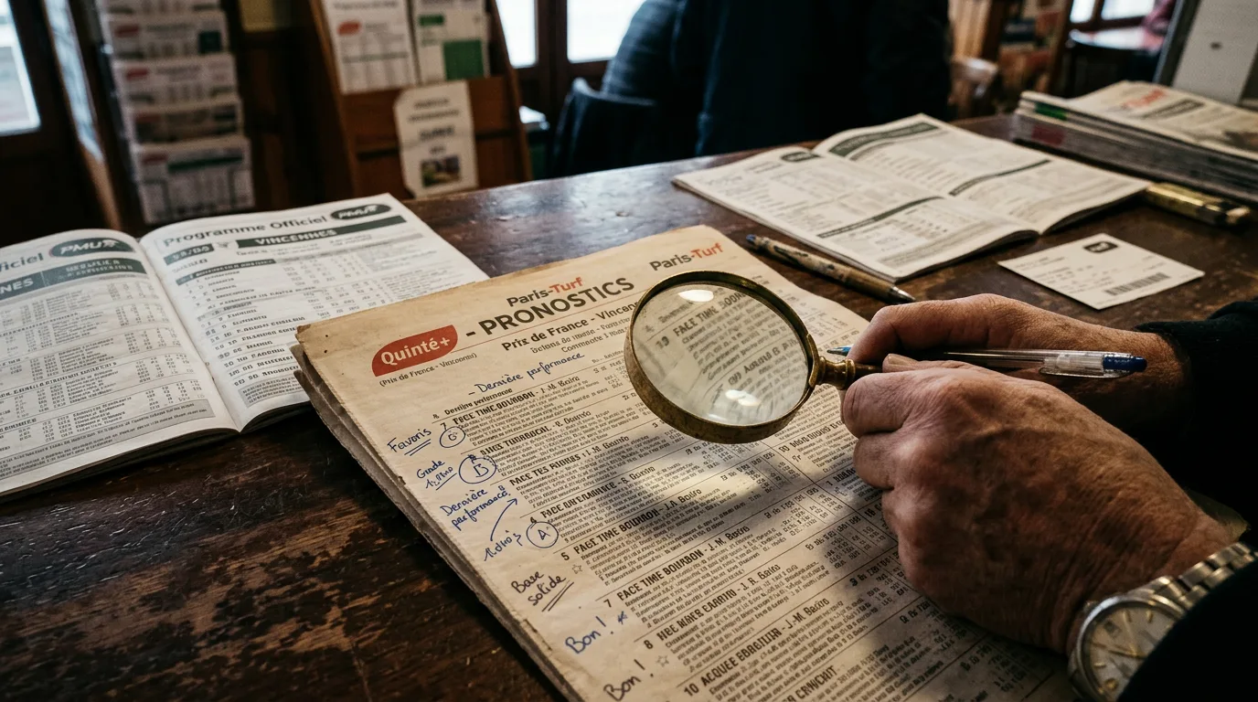 Page de pronostics Quinté du journal Paris-Turf posée sur un comptoir de point de vente PMU avec un programme de courses en arrière-plan