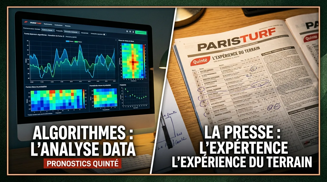 Écran d'ordinateur affichant des courbes algorithmiques à côté d'un journal hippique ouvert sur la page des pronostics du Quinté