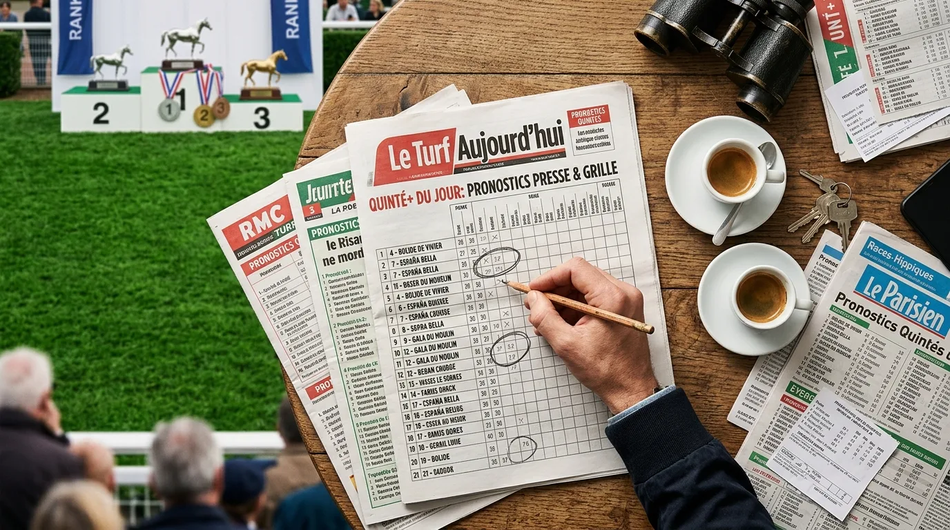 Journaux hippiques étalés sur une table de café avec un crayon entourant des noms de chevaux dans la grille du quinté du jour
