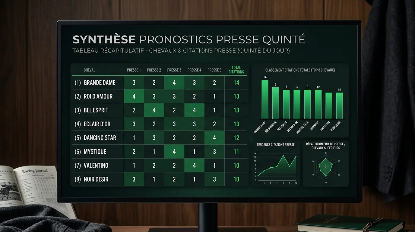 Tableau récapitulatif affichant les noms de chevaux et leur nombre de citations dans la presse hippique pour le Quinté du jour